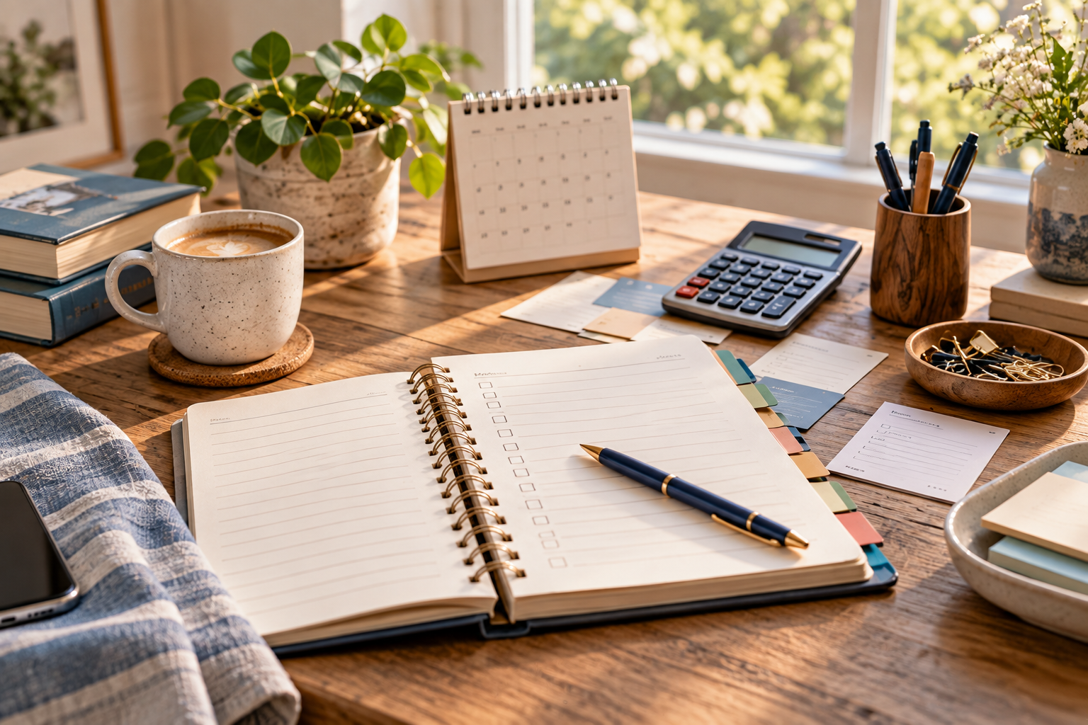 A notebook, calendar and planning materials on a desk